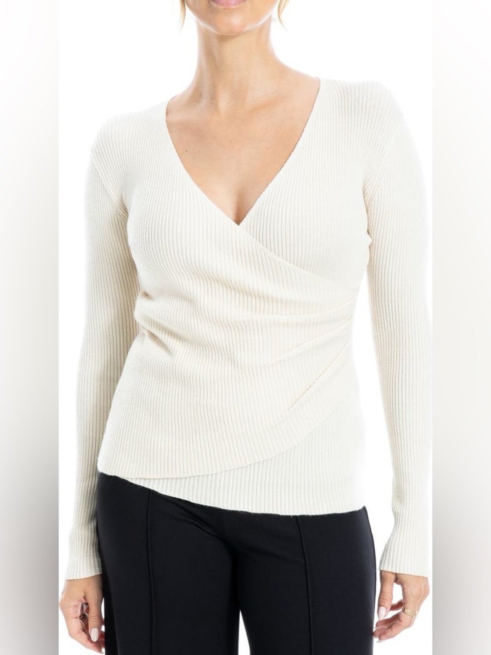 Max Studio Cream Soft Ribbed Wrap Long Sleeve V-Neck Sweater Minimalist Medium